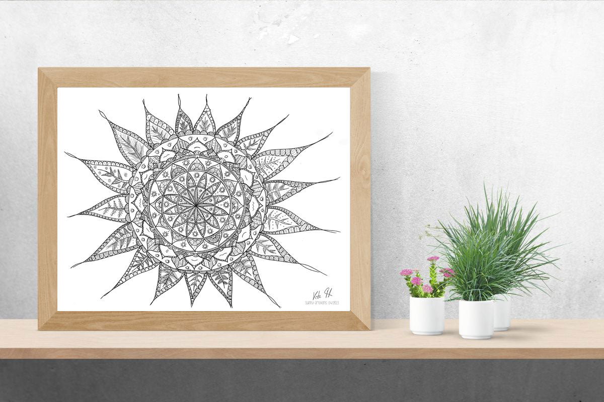 Ausmalbild schwarz-weiß Mandala "Sunny Emotions"