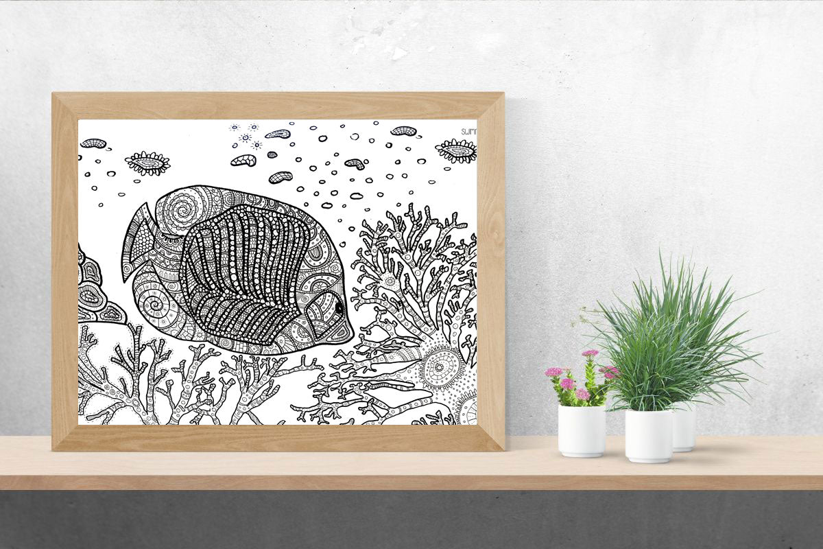Ausmalbild Zentangle schwarz-weiß "Swimming"