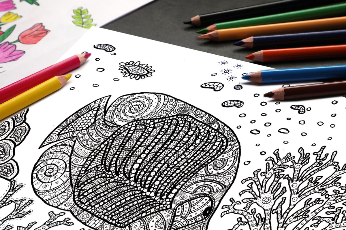 Ausmalbild Zentangle schwarz-weiß "Swimming"