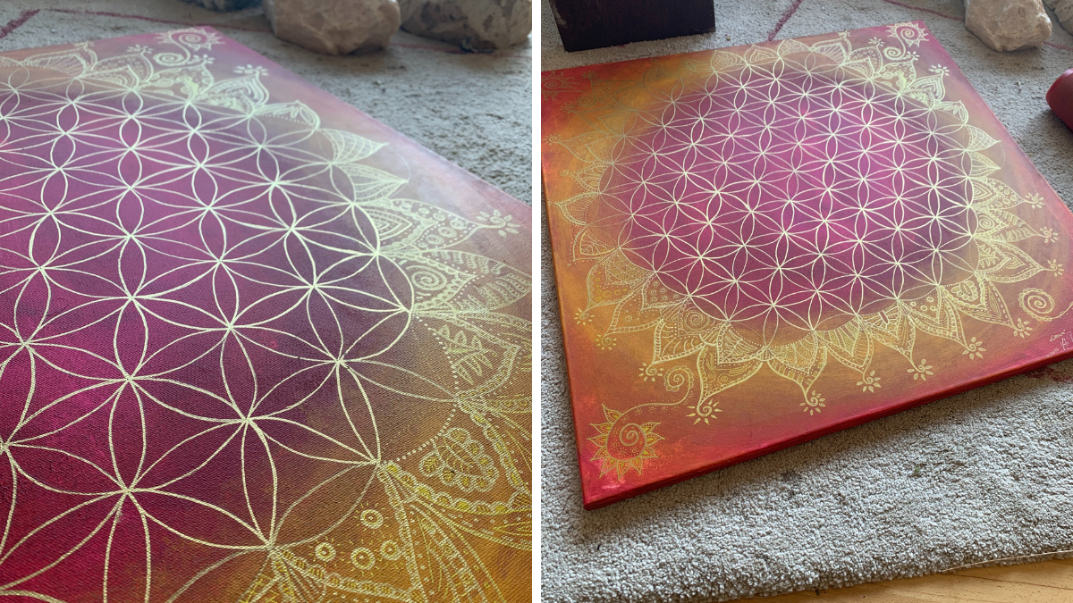 Mandala 80x80 "Crown" - Blume des Lebens auf Acryl in Gold