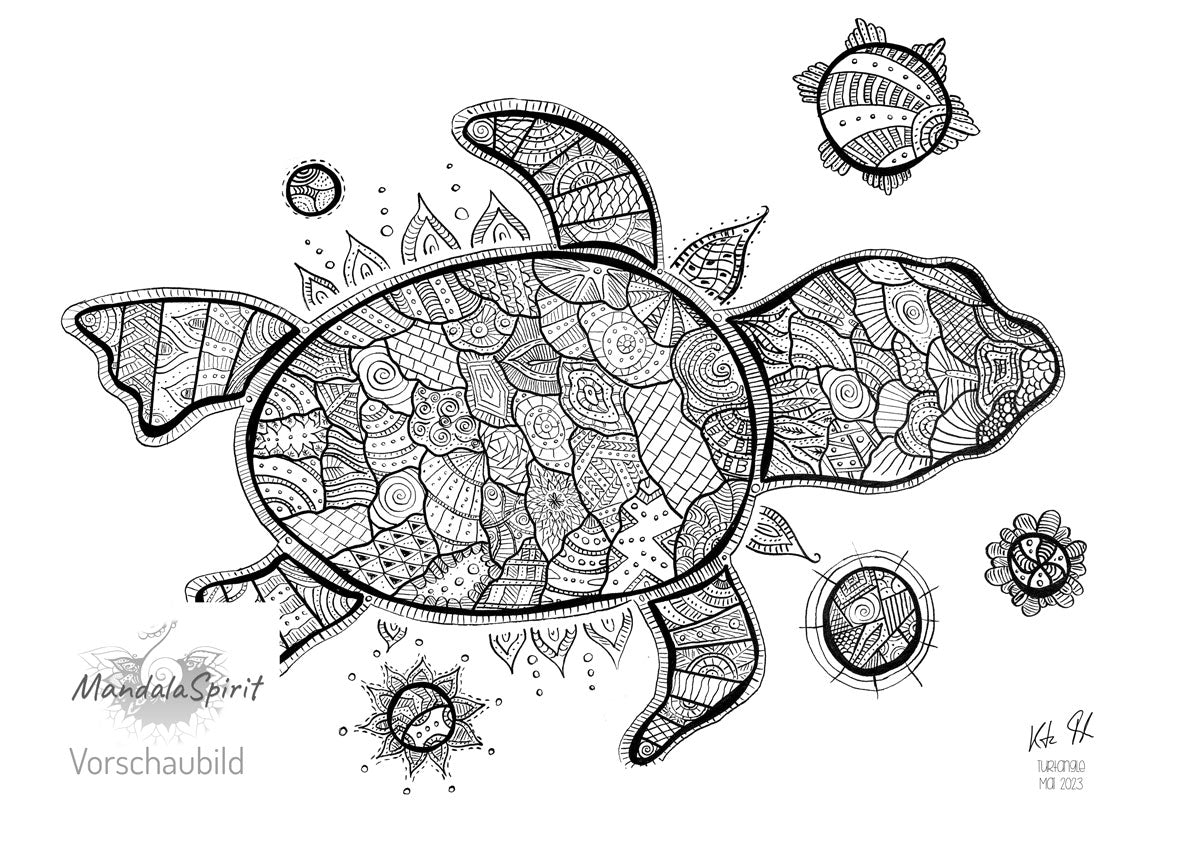 Ausmalbild schwarz-weiß Zentangle "Turtoise"