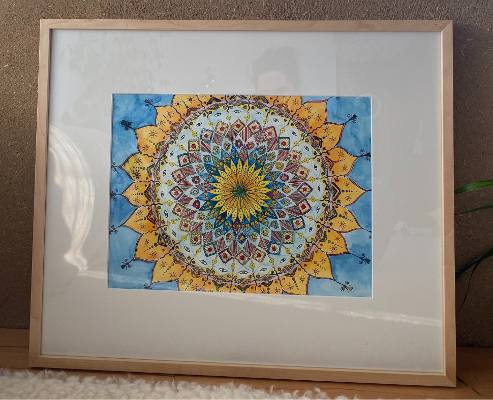 Originalbild "Sonnenmandala" Aquarell mit Tusche-Pigment in hochwertigen Holzrahmen mit Passepartout