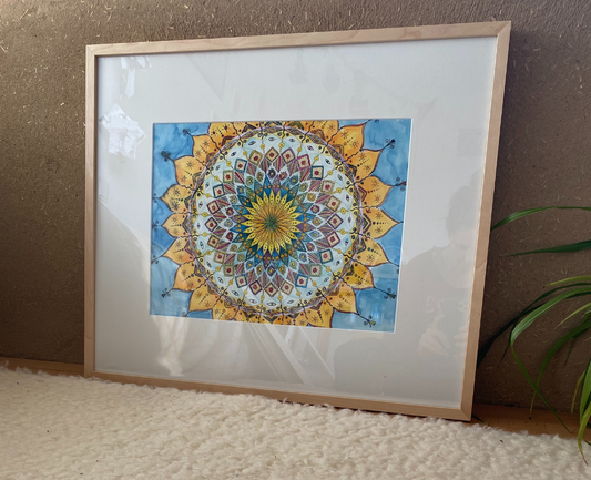 Originalbild "Sonnenmandala" Aquarell mit Tusche-Pigment in hochwertigen Holzrahmen mit Passepartout