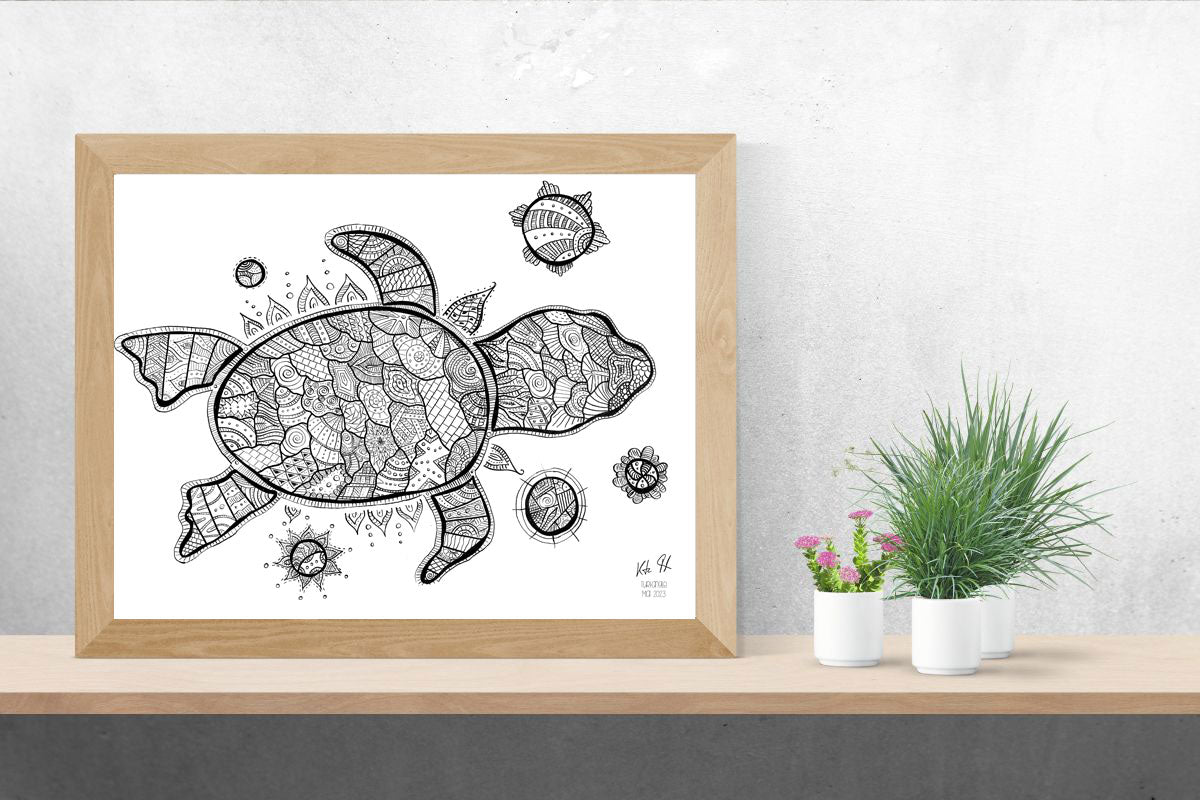 Ausmalbild schwarz-weiß Zentangle "Turtoise"