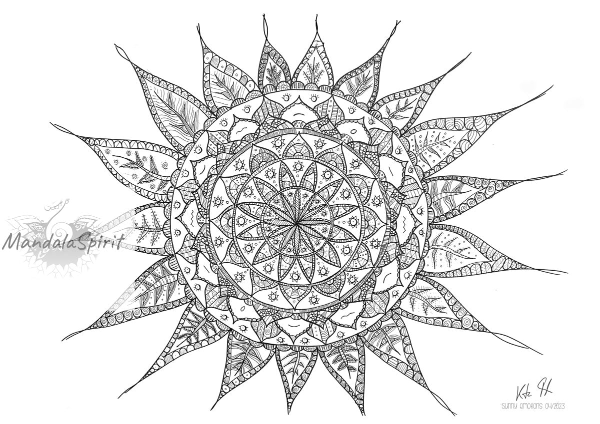 Ausmalbild schwarz-weiß Mandala "Sunny Emotions"